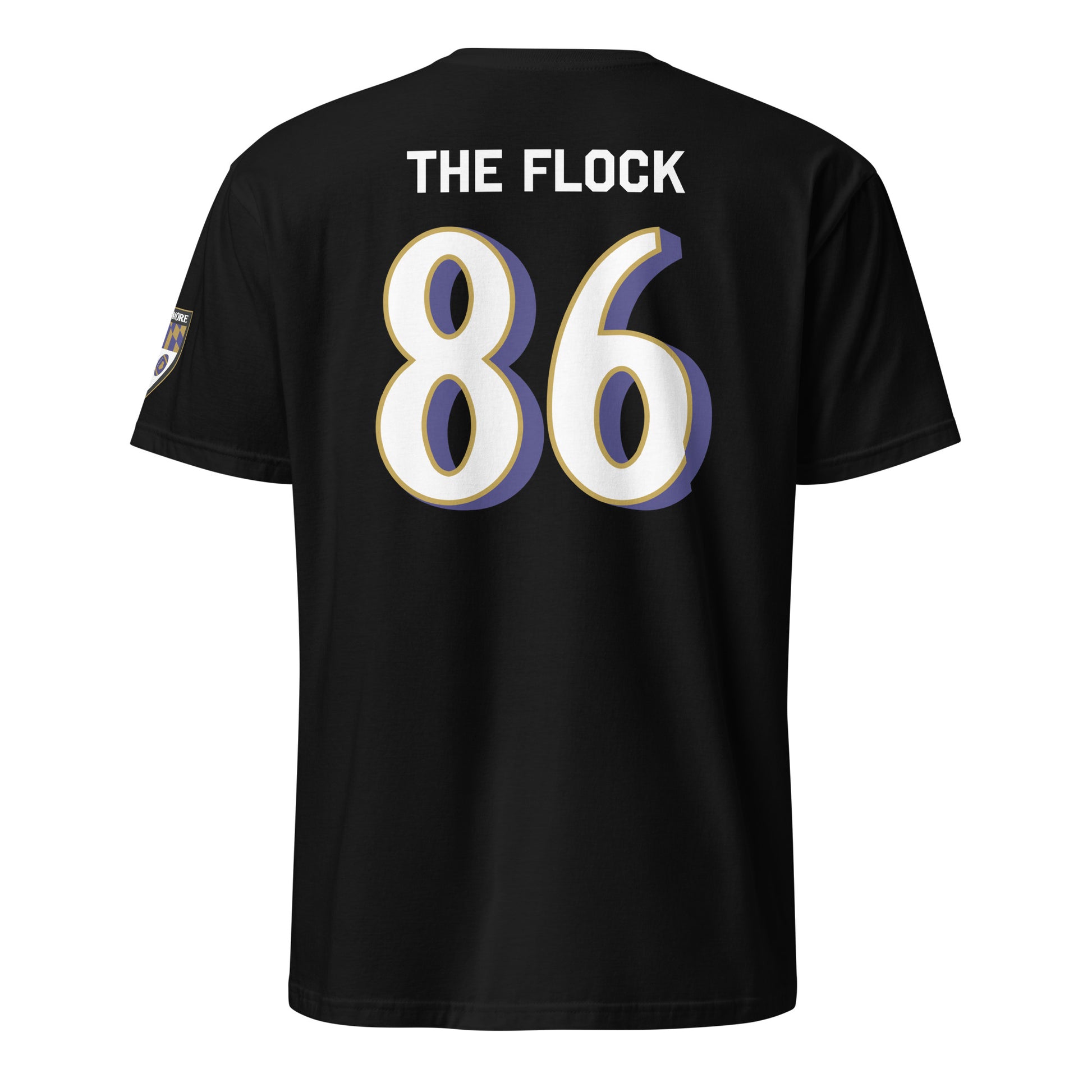Black Ravens Fan Favorite unisex soft-style T-shirt from From Baltimore With Love™, showing the back design and comfortable fit.