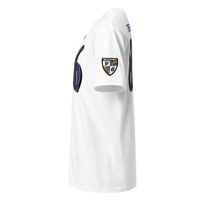 Unisex white Ravens Fan Favorite T-shirt from From Baltimore With Love™, featuring the team logo and soft cotton fabric.