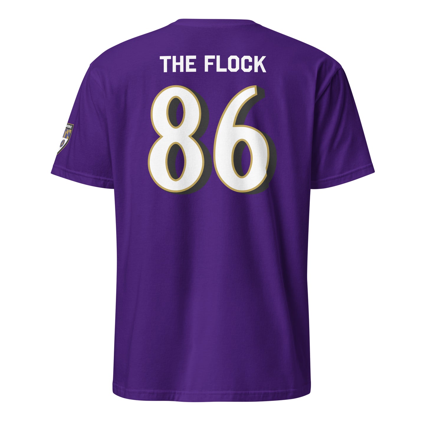 Unisex purple Ravens Fan Favorite T-shirt from From Baltimore With Love™, soft cotton fabric, featuring Ravens logo on the back.