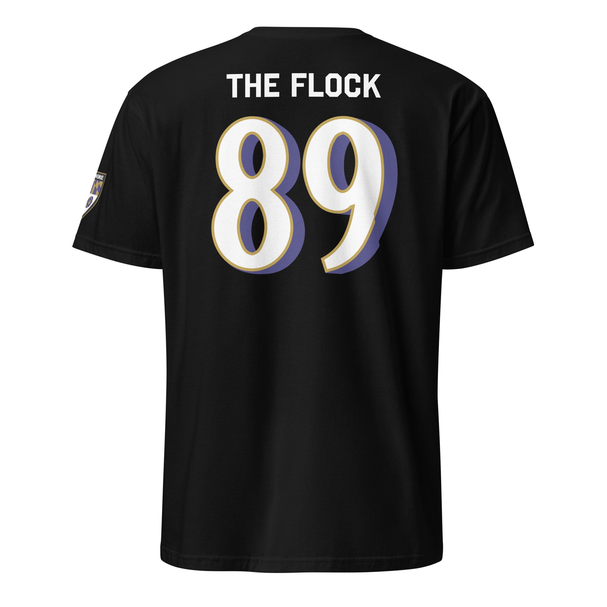 Black unisex soft-style T-shirt featuring Ravens Fan Favorite logo on the back, from From Baltimore With Love™.