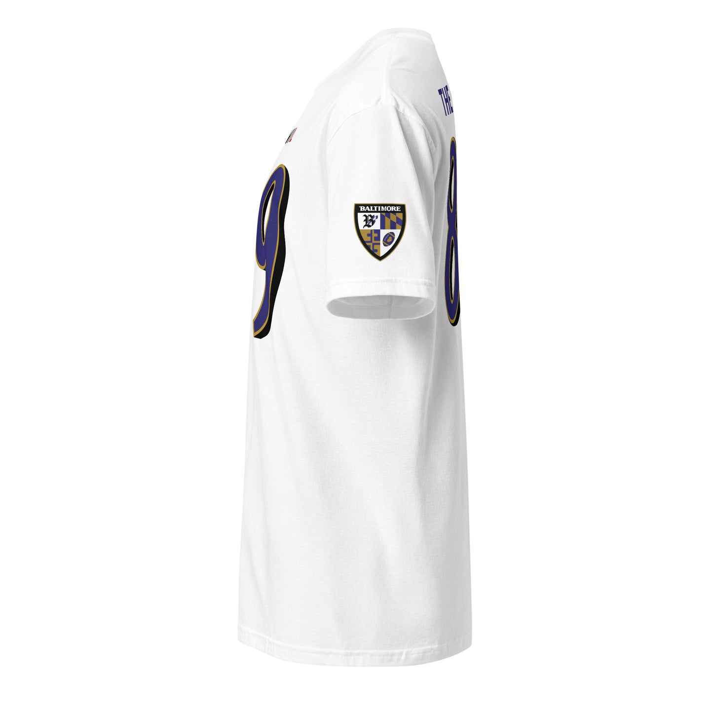 Unisex white Ravens Fan Favorite T-shirt from From Baltimore With Love™ with team logo on front, casual and soft cotton fabric.