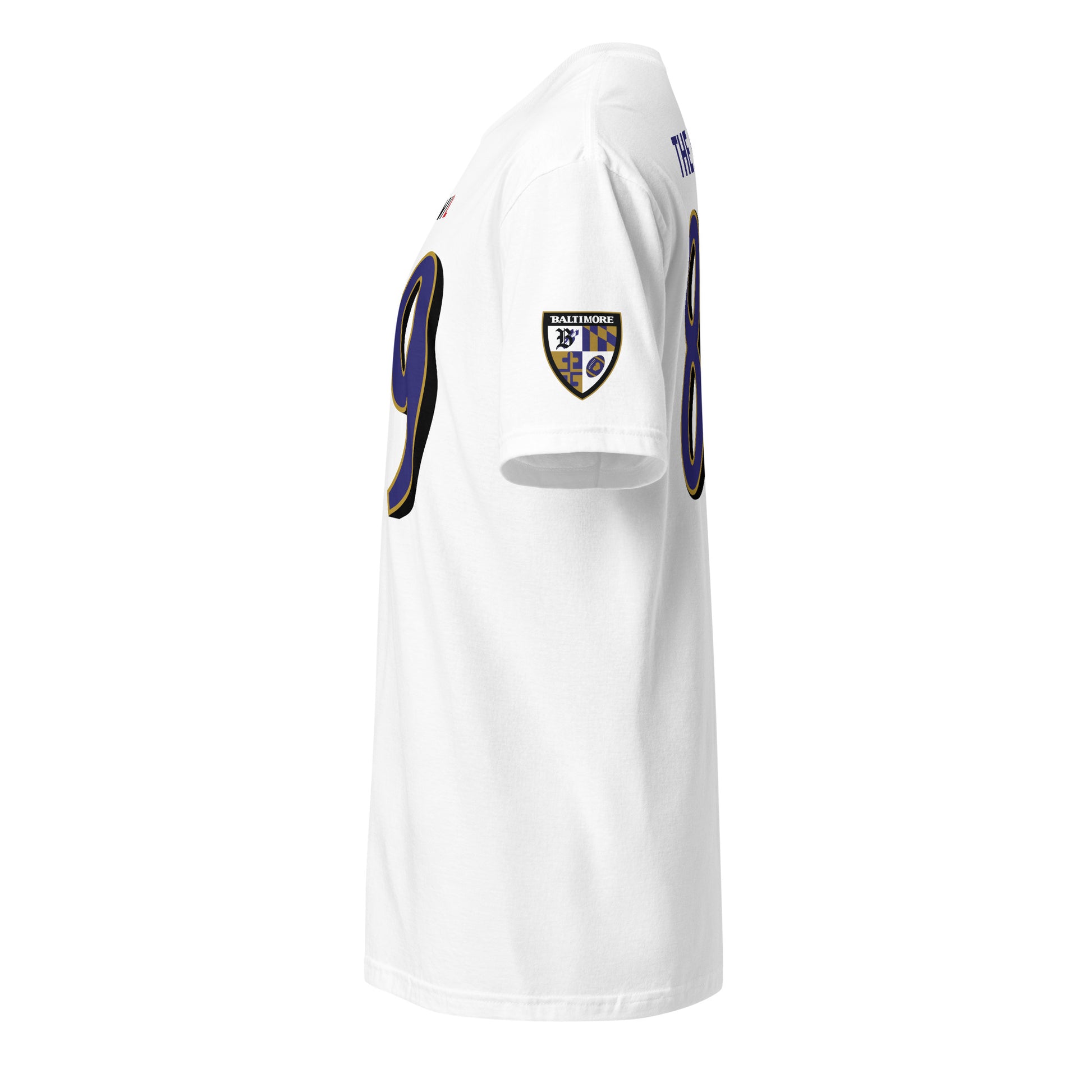 Unisex white Ravens Fan Favorite T-shirt from From Baltimore With Love™ with team logo on front, casual and soft cotton fabric.
