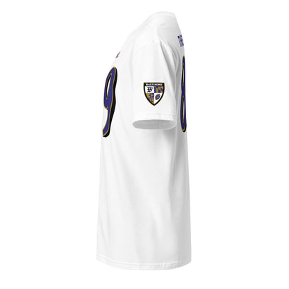 Unisex white Ravens Fan Favorite T-shirt from From Baltimore With Love™ with team logo on front, casual and soft cotton fabric.