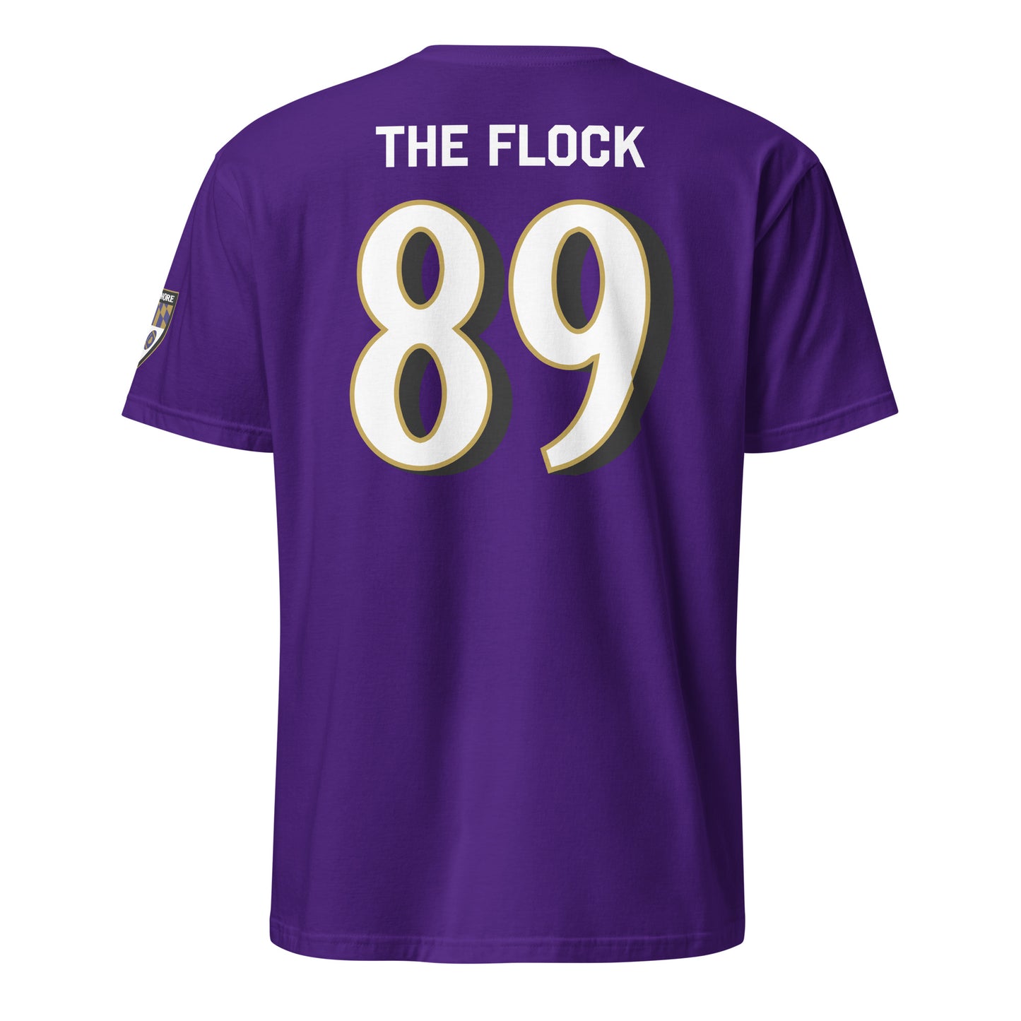 Purple Ravens Fan Favorite unisex soft-style T-shirt featuring Baltimore with Love™ branding, viewed from the back.