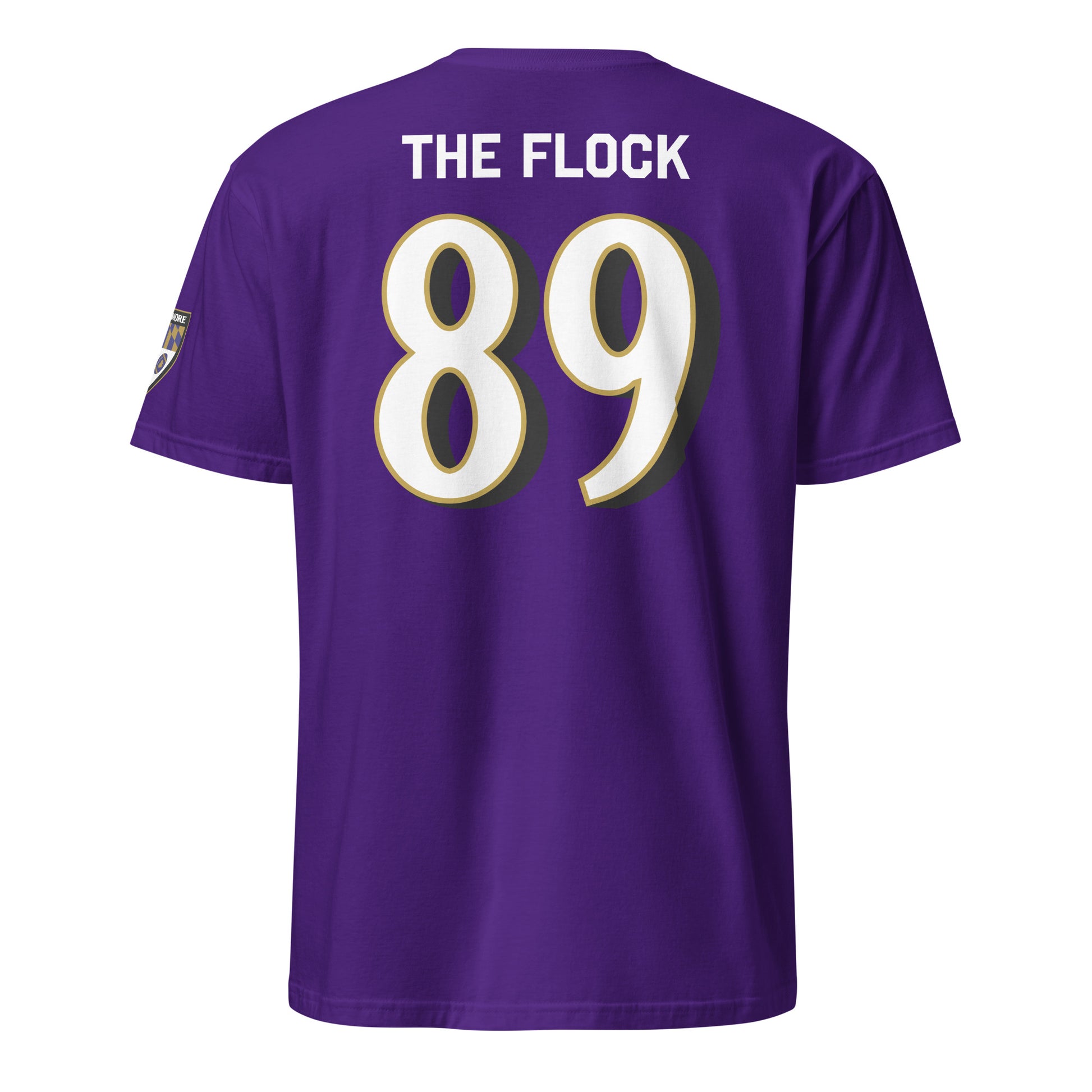 Purple Ravens Fan Favorite unisex soft-style T-shirt featuring Baltimore with Love™ branding, viewed from the back.