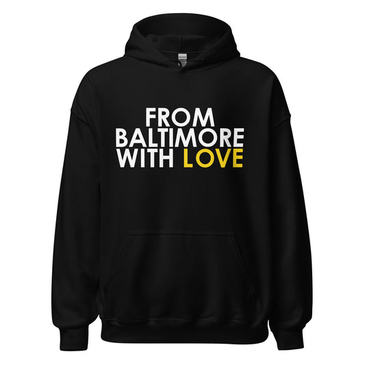 Yellow love hoodie by From Baltimore With Love™ featuring a comfortable fit and bold black text on the front.