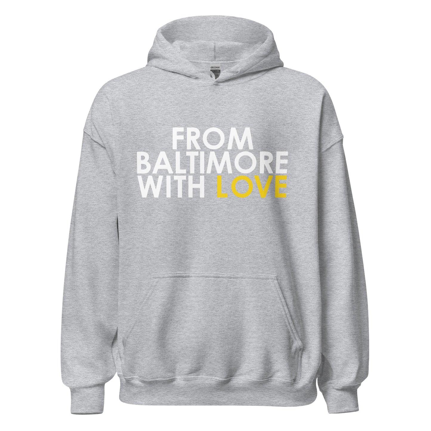 Unisex yellow hoodie with "Love" graphic from From Baltimore With Love™, front view, heavy blend fabric, casual style.