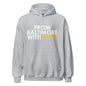 Unisex yellow hoodie with "Love" graphic from From Baltimore With Love™, front view, heavy blend fabric, casual style.