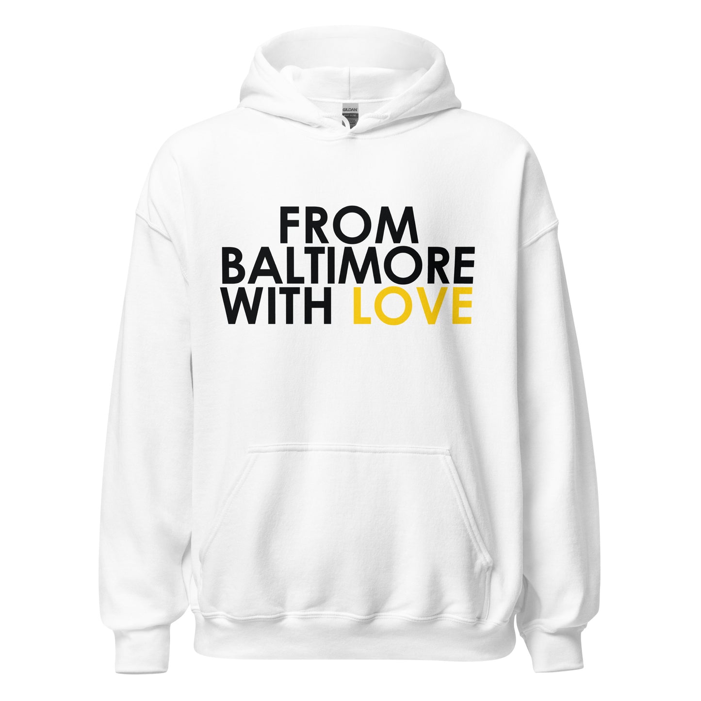 Yellow Love Hoodie from From Baltimore With Love™, unisex heavy blend hoodie with a front design, white background.