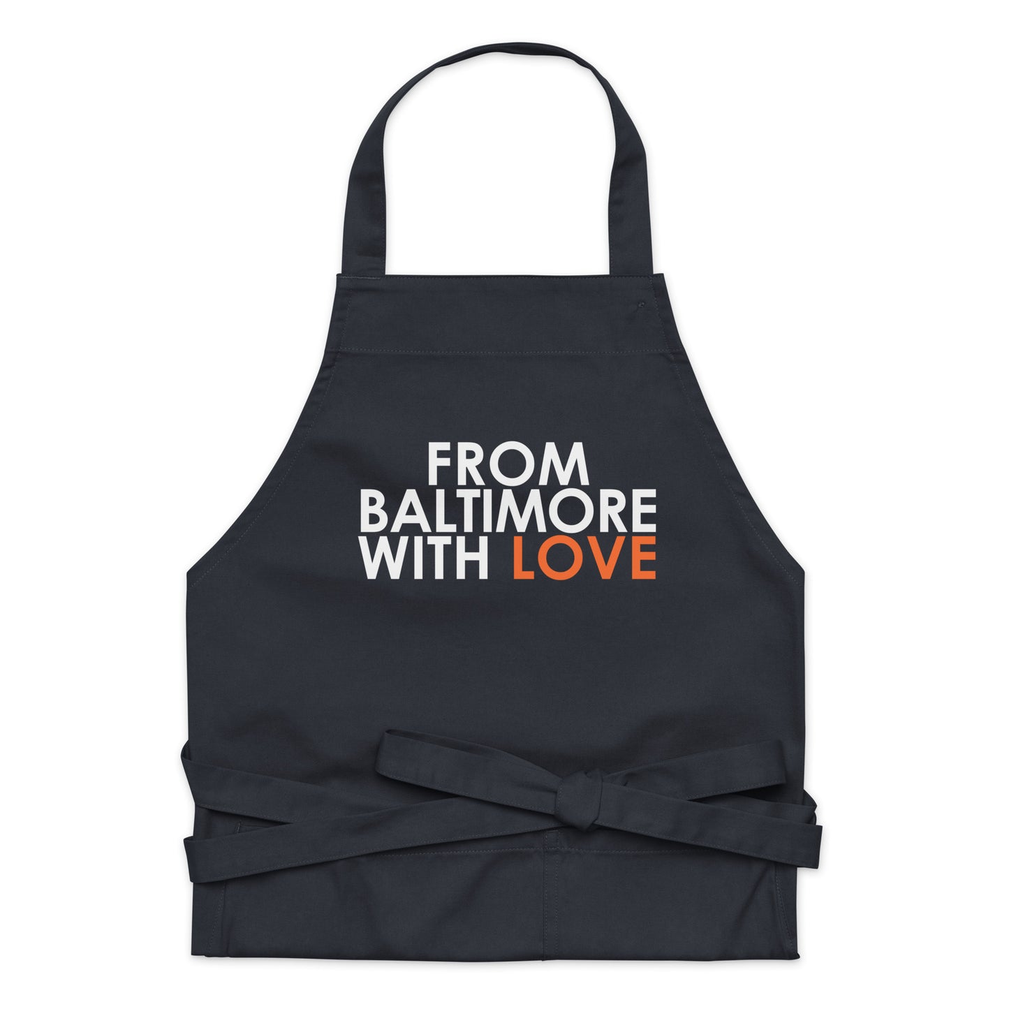 Organic cotton apron from From Baltimore With Love™ featuring a classic design and adjustable neck strap.