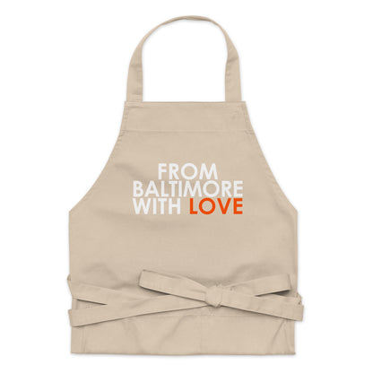 Organic cotton apron by From Baltimore With Love™, featuring a durable rope tie and classic design for cooking or gardening.