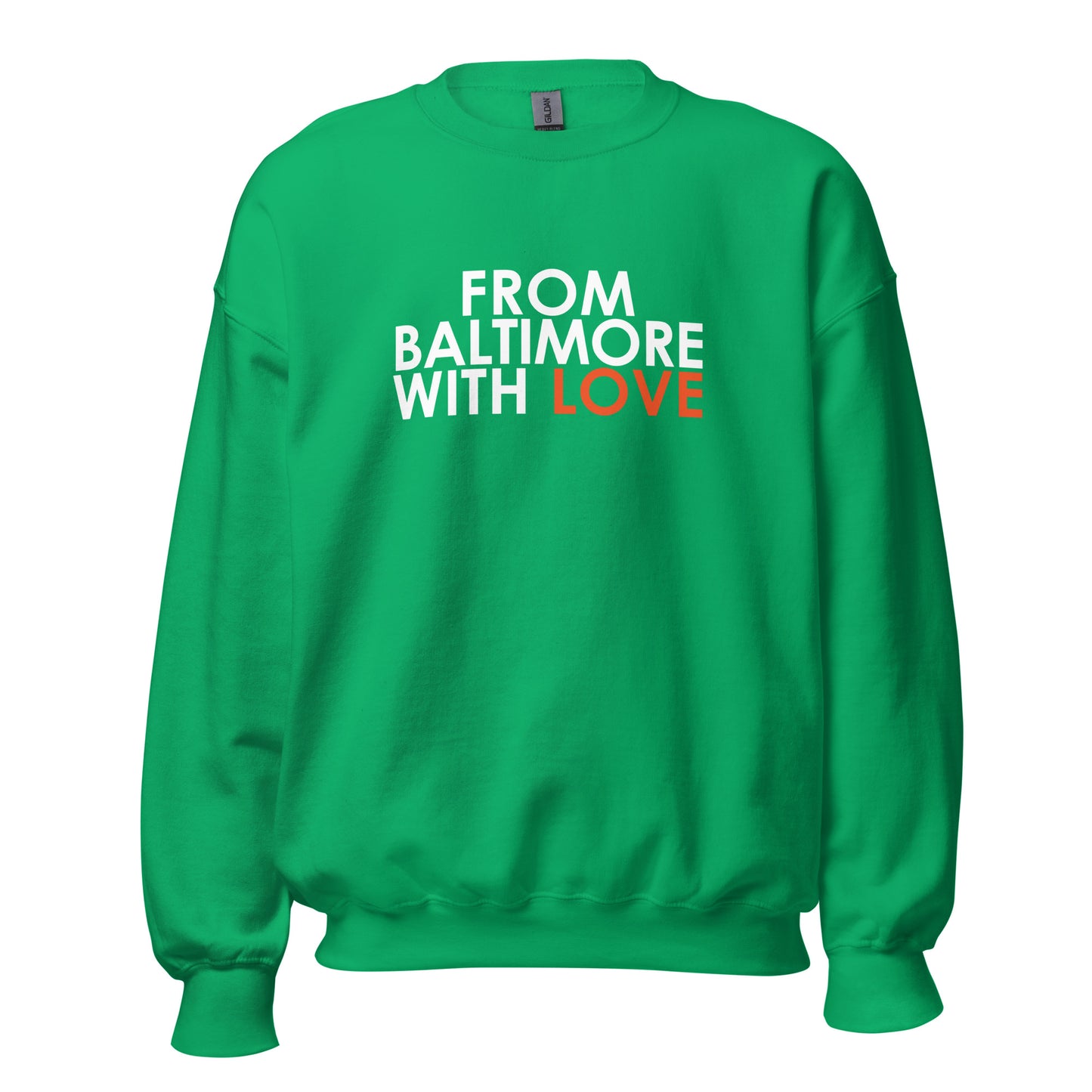 Forest green crewneck sweater by From Baltimore With Love™, shown flat with ribbed cuffs and neckline.