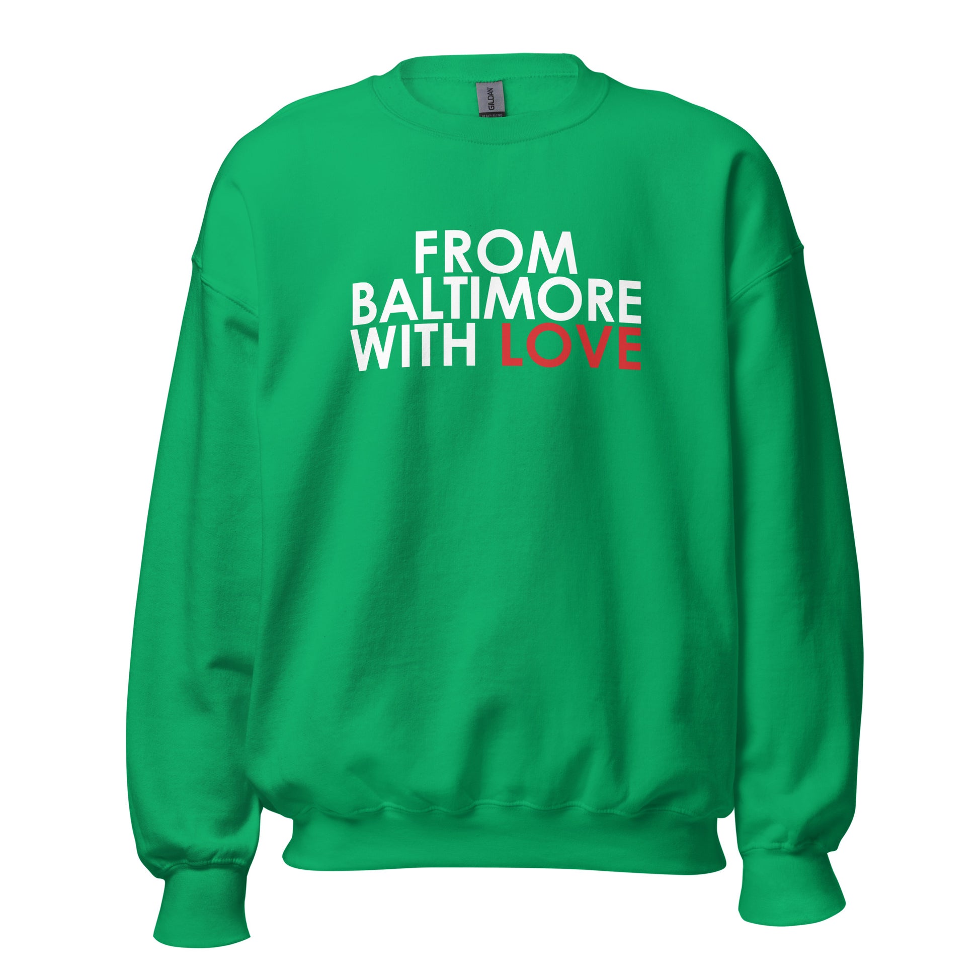Forest green crewneck sweater from Baltimore With Love™ featuring a red love design on the front.