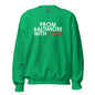 Forest green crewneck sweater from Baltimore With Love™ featuring a red love design on the front.