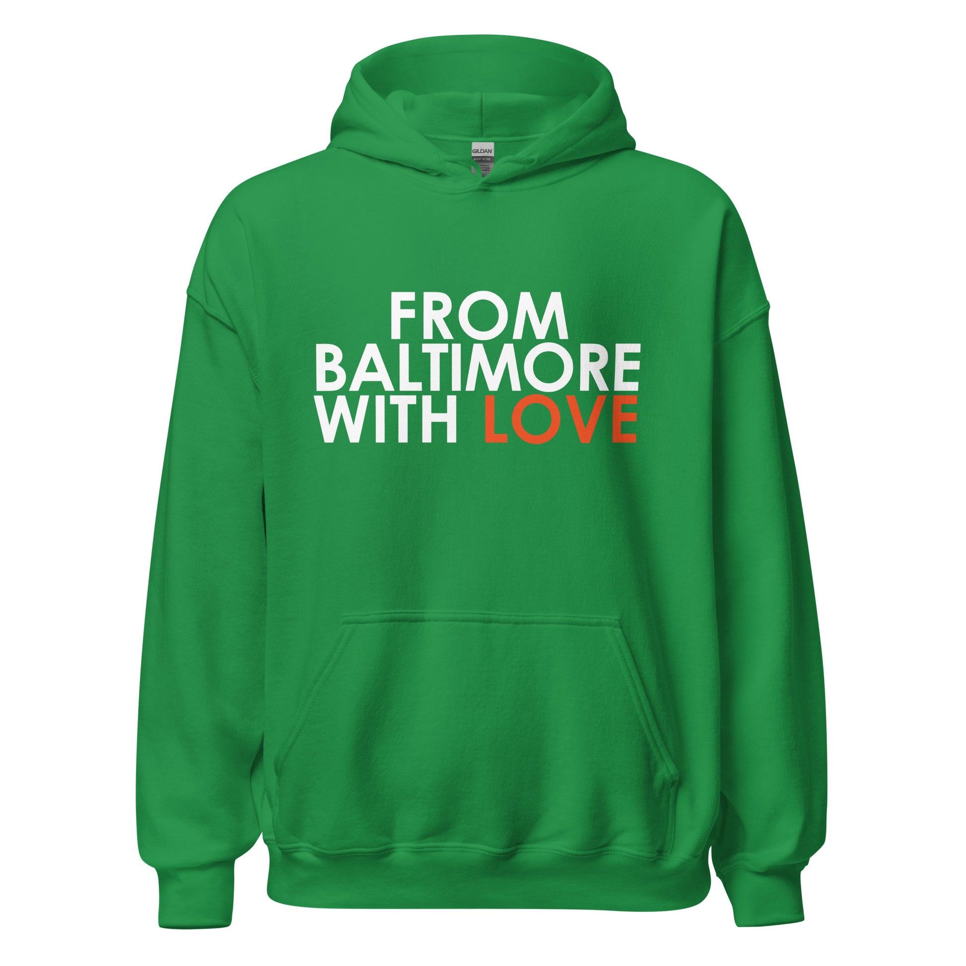 Forest green hoodie by From Baltimore With Love™ featuring an orange love design on the front.