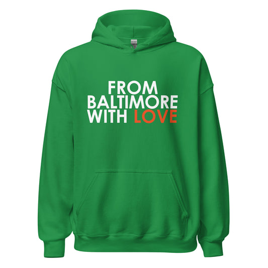 Forest green hoodie by From Baltimore With Love™ featuring an orange love design on the front.