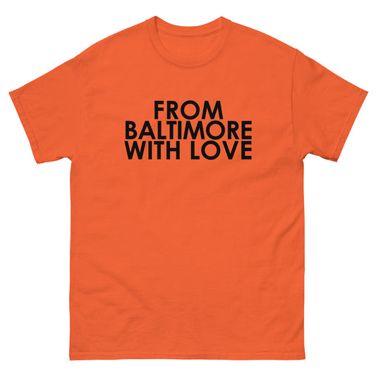Baltimore With Love "LETS GO!" O'S TEE featuring bold text on a casual t-shirt, perfect for city pride and everyday wear.