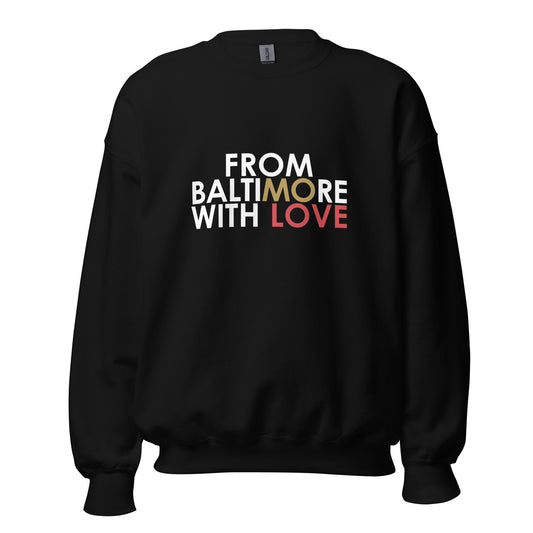 Black and red Ravens crewneck sweatshirt featuring "Love" design from From Baltimore With Love™.