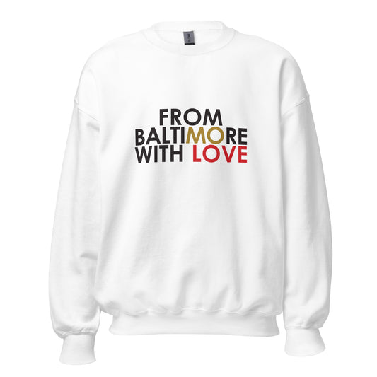 White and red Ravens crewneck sweatshirt by From Baltimore With Love™ featuring a love graphic design.