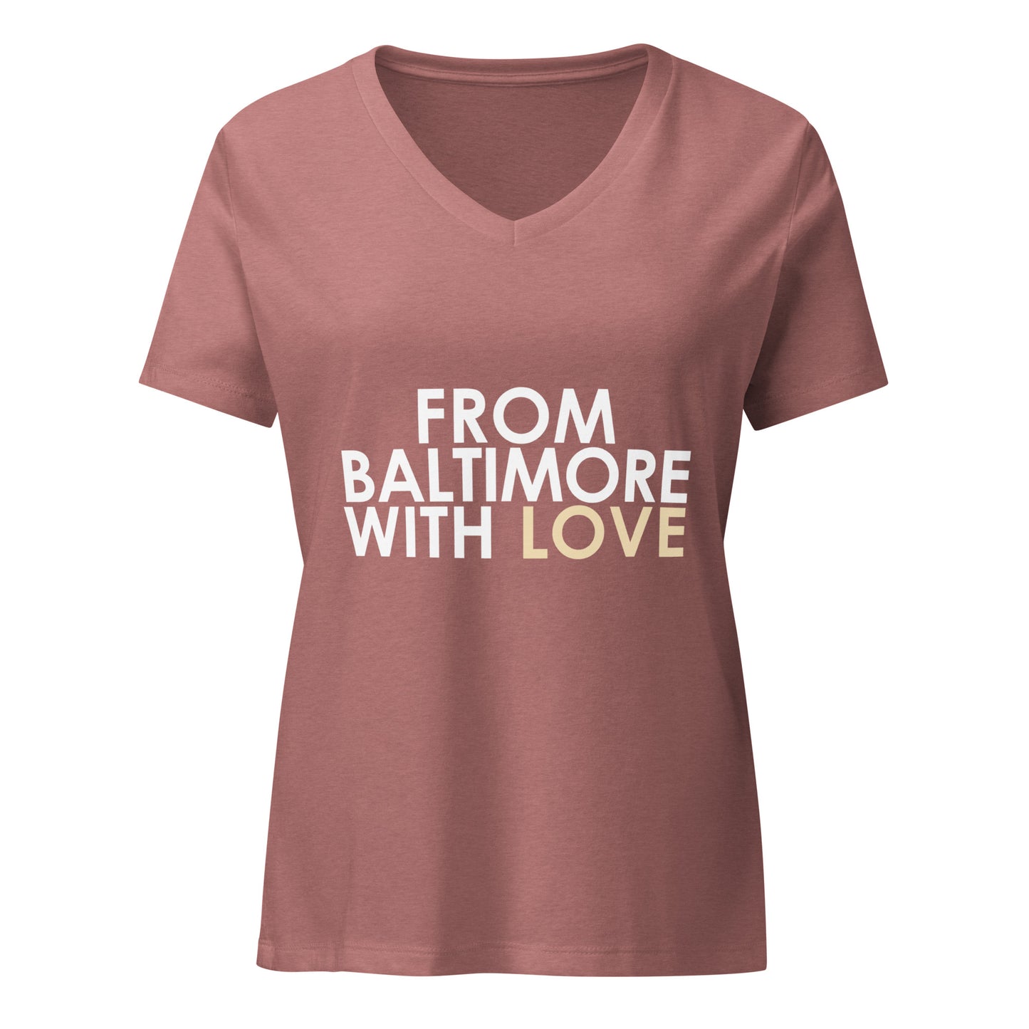 Women's Heather Mauve Delta Sigma Theta V-neck T-shirt by From Baltimore With Love™, front view showing relaxed fit and logo.