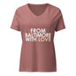 Women's Heather Mauve Delta Sigma Theta V-neck T-shirt by From Baltimore With Love™, front view showing relaxed fit and logo.