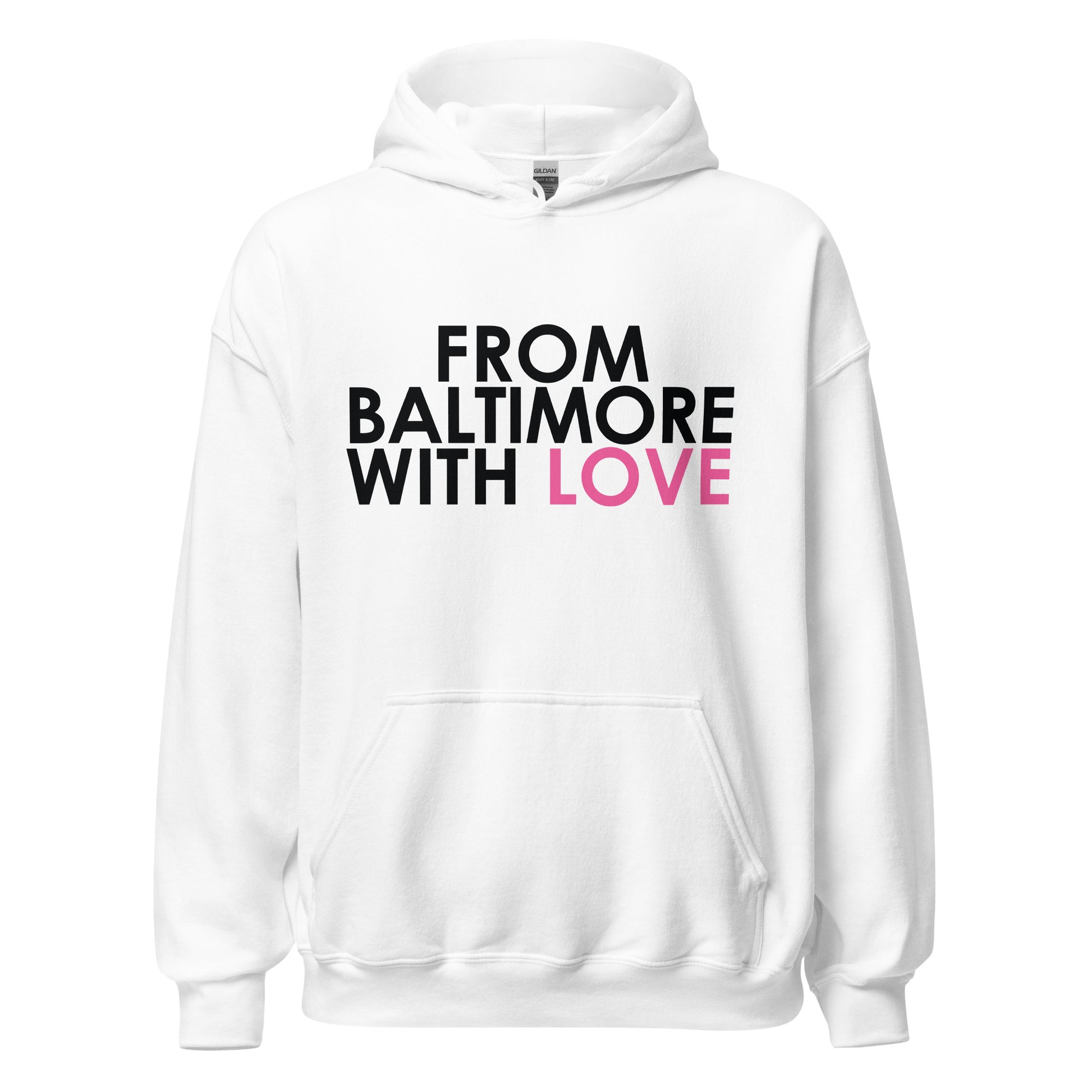 Pink Love Hoodie from From Baltimore With Love™, unisex heavy-blend hoodie with a front design, white color, casual style.