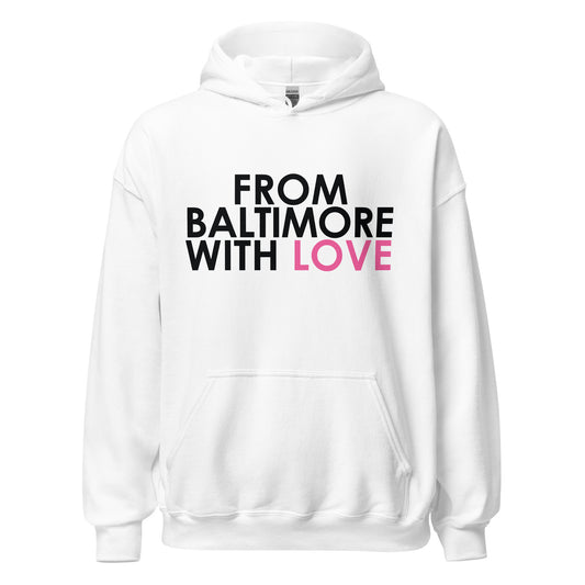 Pink Love Hoodie from From Baltimore With Love™, unisex heavy-blend hoodie with a front design, white color, casual style.