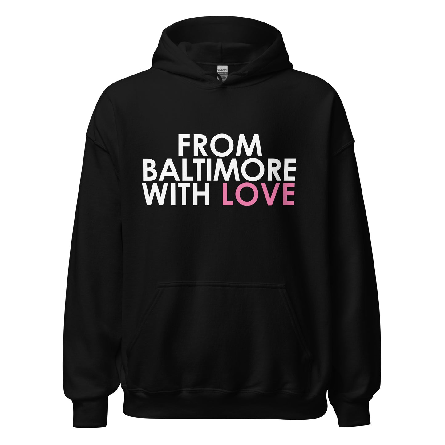 Unisex pink love hoodie from From Baltimore With Love™ showing the front view in black with pink design details.
