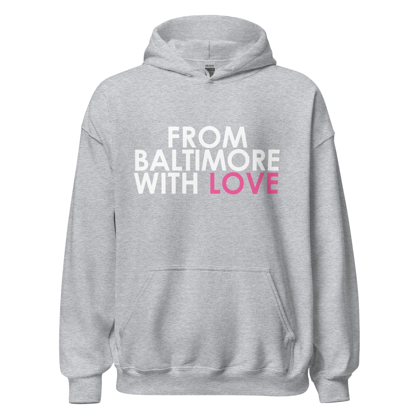 Pink Love Hoodie by From Baltimore With Love™ featuring a white background with pink love text design.