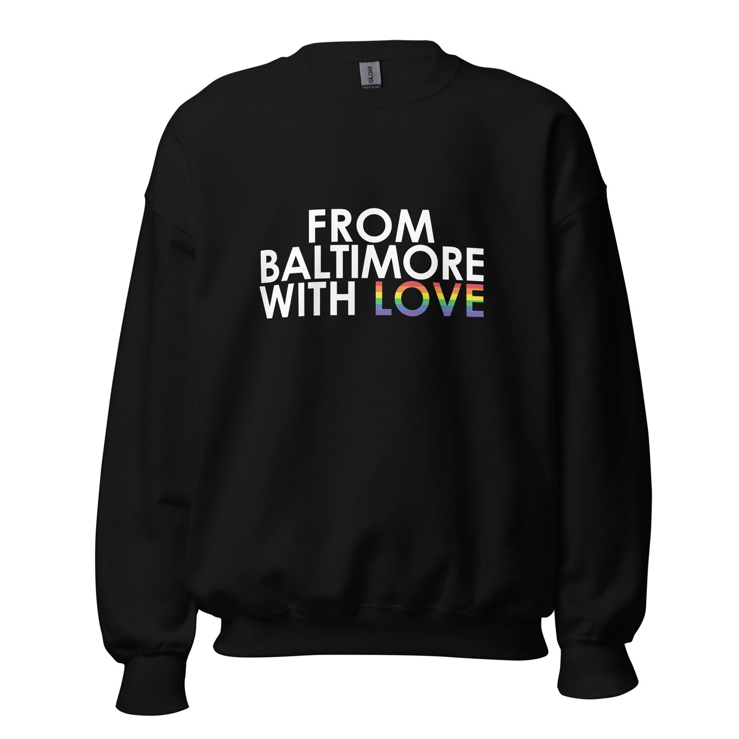 White Pride Love crewneck sweatshirt by From Baltimore With Love™ featuring colorful pride love graphic design.
