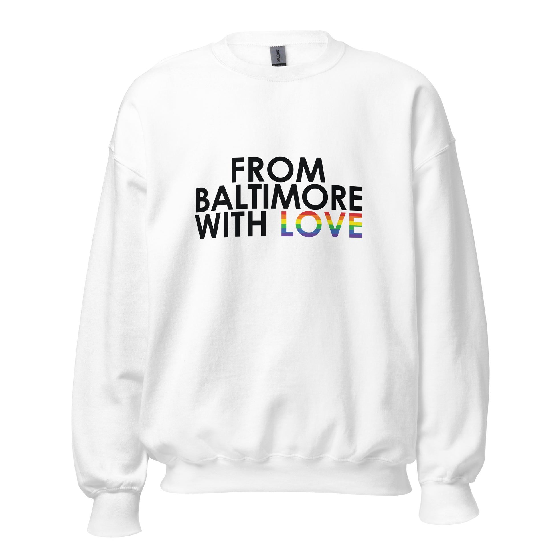 White unisex crewneck sweatshirt featuring pride love graphic from From Baltimore With Love™.