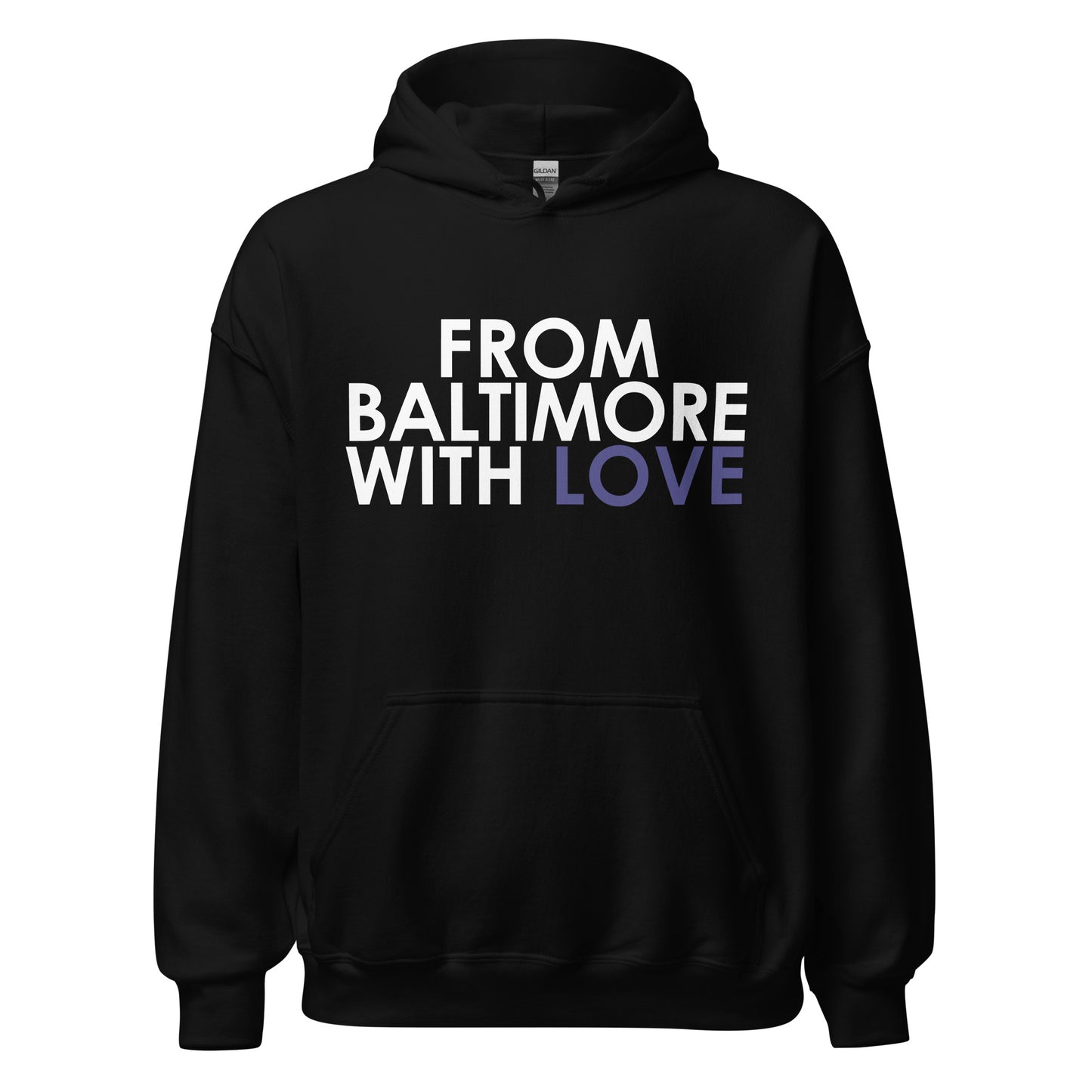Purple Love Hoodie from Baltimore With Love in purple and white, featuring a cozy design and bold lettering.