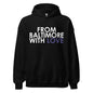 Purple Love Hoodie from Baltimore With Love in purple and white, featuring a cozy design and bold lettering.