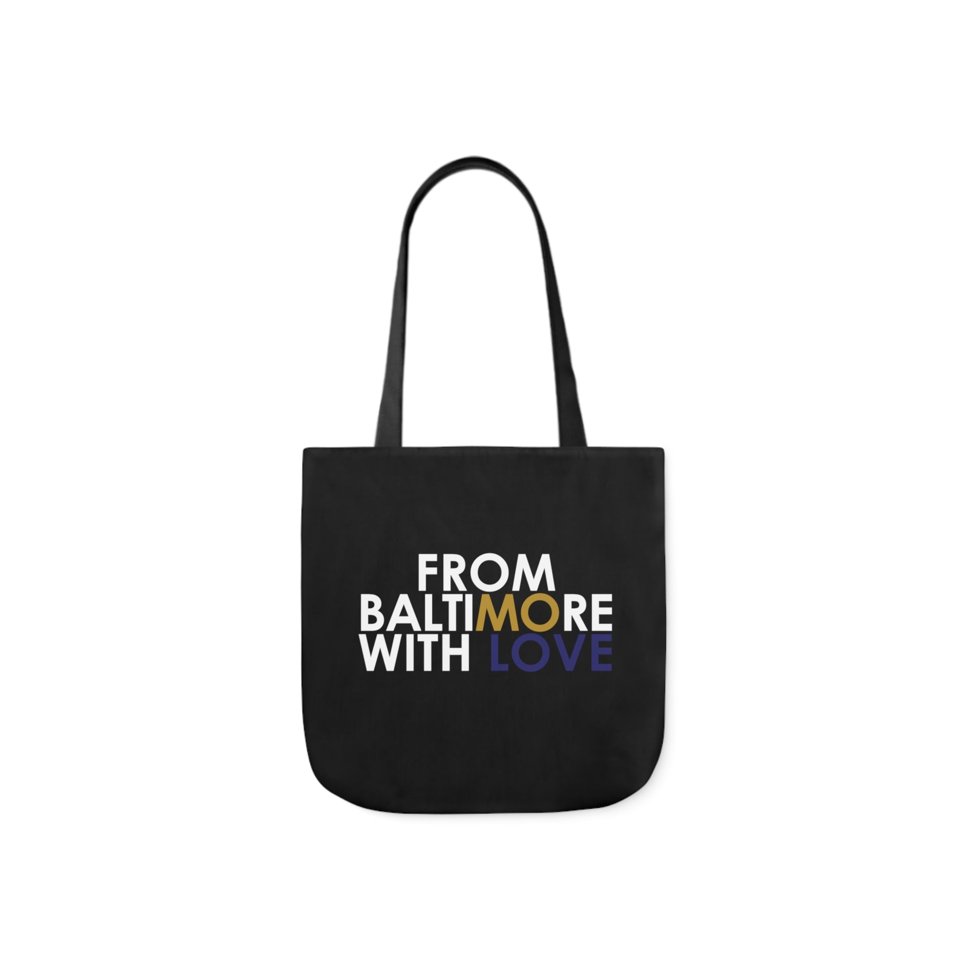 Black tote bag with gold and purple accents, stylish accessories by Printify, showing the front view of the tote bag.