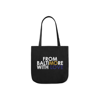 Black tote bag with gold and purple accents, stylish accessories by Printify, showing the front view of the tote bag.