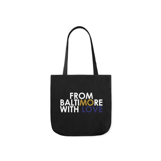 Black tote bag with gold and purple accents, stylish accessories by Printify, showing the front view of the tote bag.
