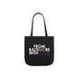 Black tote bag with gold and purple accents, stylish accessories by Printify, showing the front view of the tote bag.