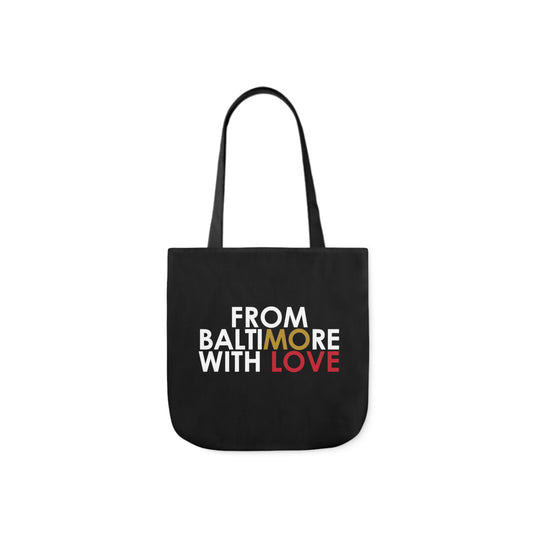 Black tote bag with gold and red accents, stylish accessories by Printify, featuring sturdy handles and spacious design.