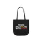 Black tote bag with gold and red accents, stylish accessories by Printify, featuring sturdy handles and spacious design.