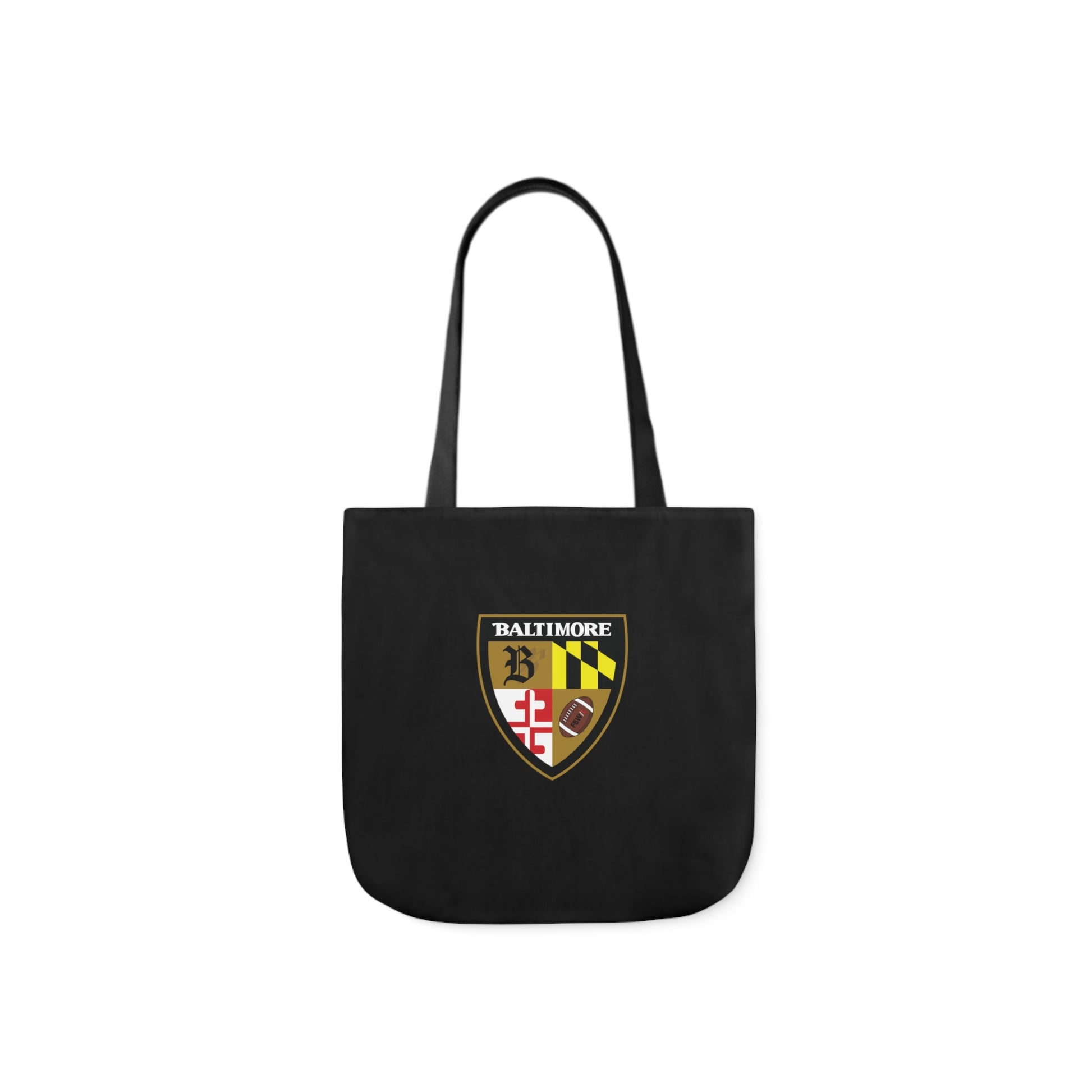 Black tote bag with gold and red accents, stylish accessories by Printify, shown with handles and spacious interior.