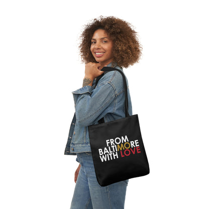 Black tote bag with gold and red accents, printed accessories by Printify, stylish and spacious for everyday use.