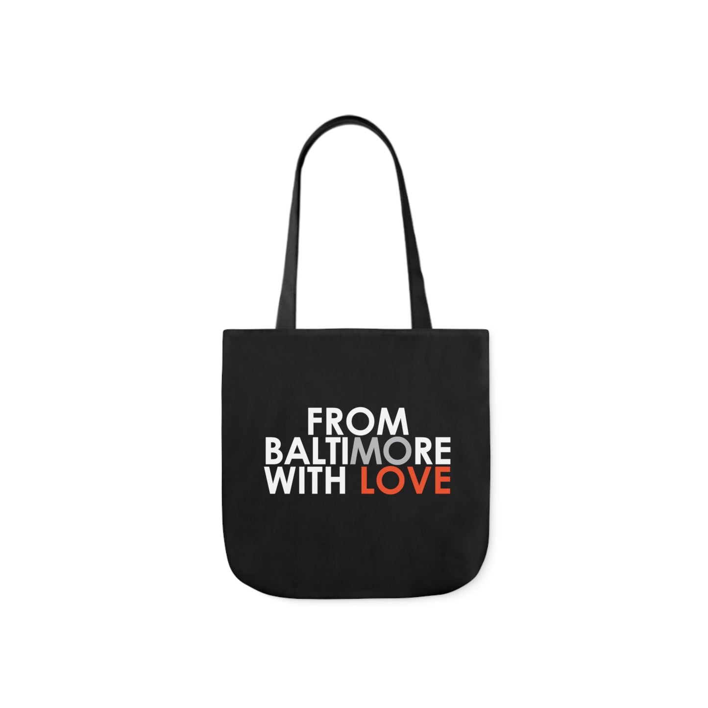 Black Orioles tote bag from Printify featuring the team logo, made of durable fabric, ideal for carrying daily essentials.
