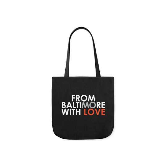 Black Orioles tote bag from Printify featuring the team logo, made of durable fabric, ideal for carrying daily essentials.