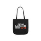 Black Orioles tote bag from Printify featuring the team logo, made of durable fabric, ideal for carrying daily essentials.