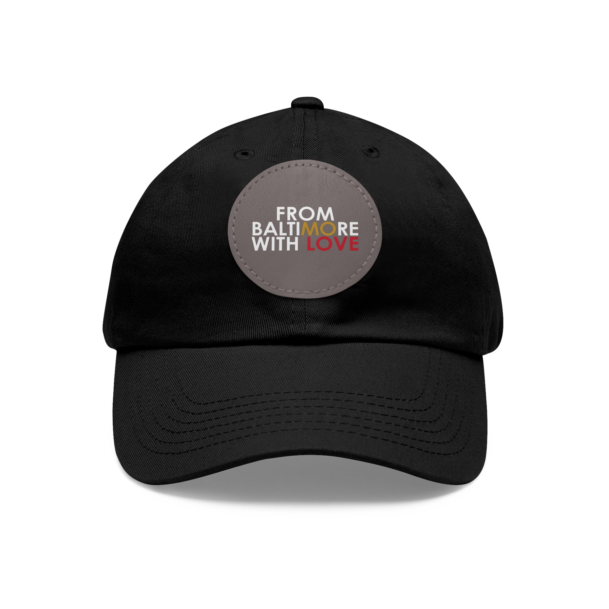 Black and grey MO Love dad hat with round leather patch, casual men's hat by Printify with adjustable one-size fit.