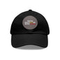 Black and grey MO Love dad hat with round leather patch, casual men's hat by Printify with adjustable one-size fit.