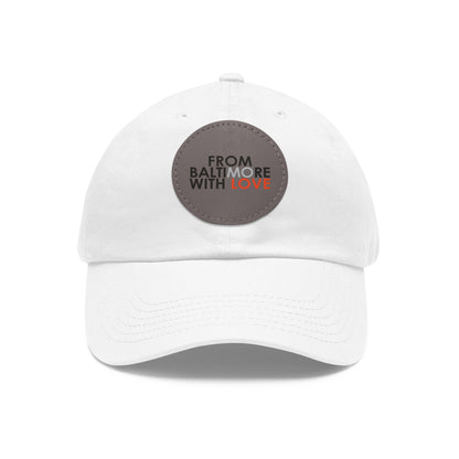 White and grey MO Love Dad Hat with round leather patch, casual hat by Printify featuring a stylish design and adjustable fit.