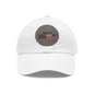 White and grey MO Love Dad Hat with round leather patch, casual hat by Printify featuring a stylish design and adjustable fit.