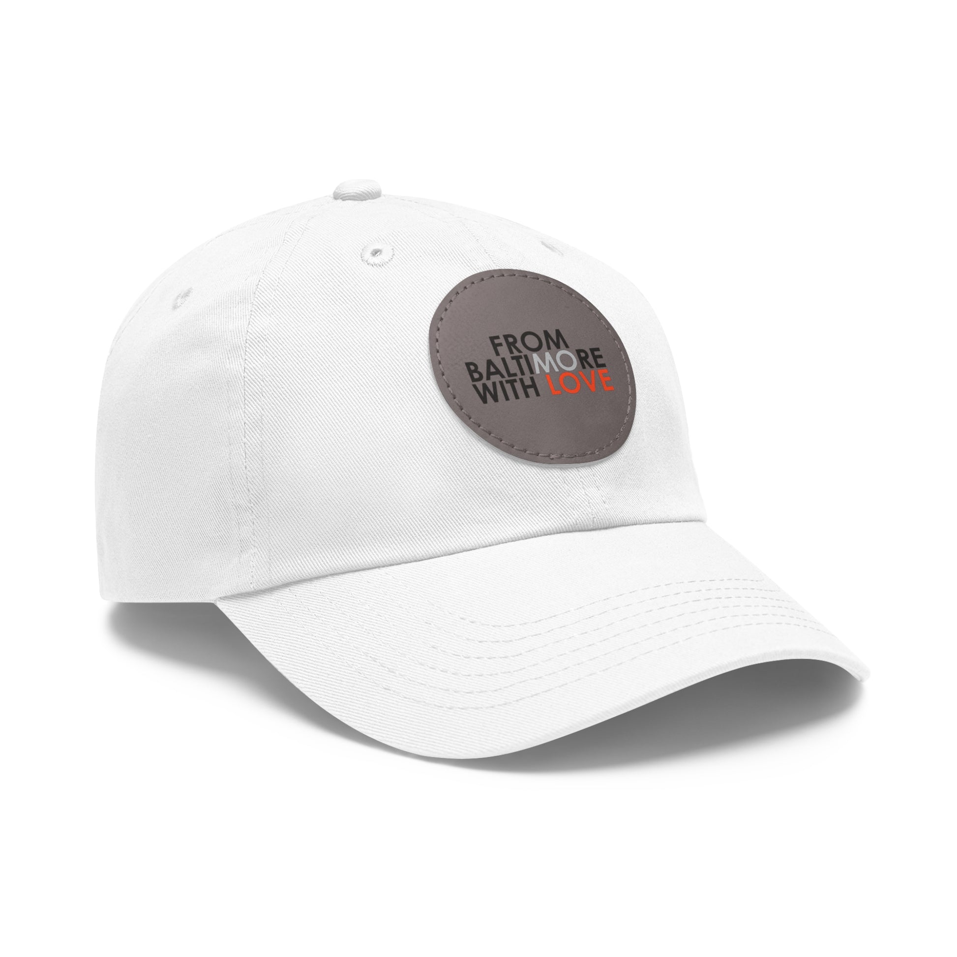 White and grey MO Love Dad Hat with round leather patch, casual hat from Printify featuring a stylish leather detail.