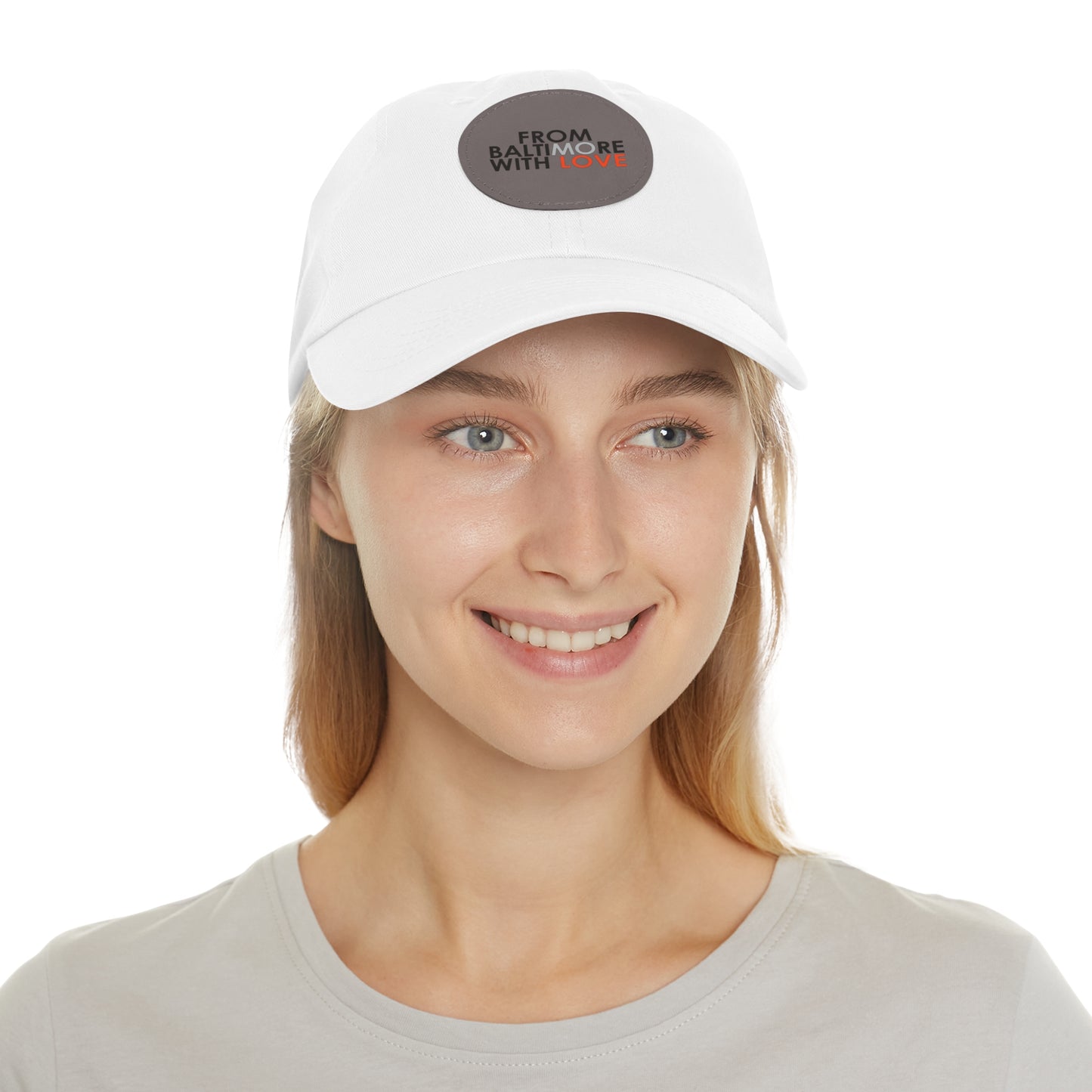 White and grey MO Love Dad Hat with round leather patch, casual style, adjustable hat from Printify.